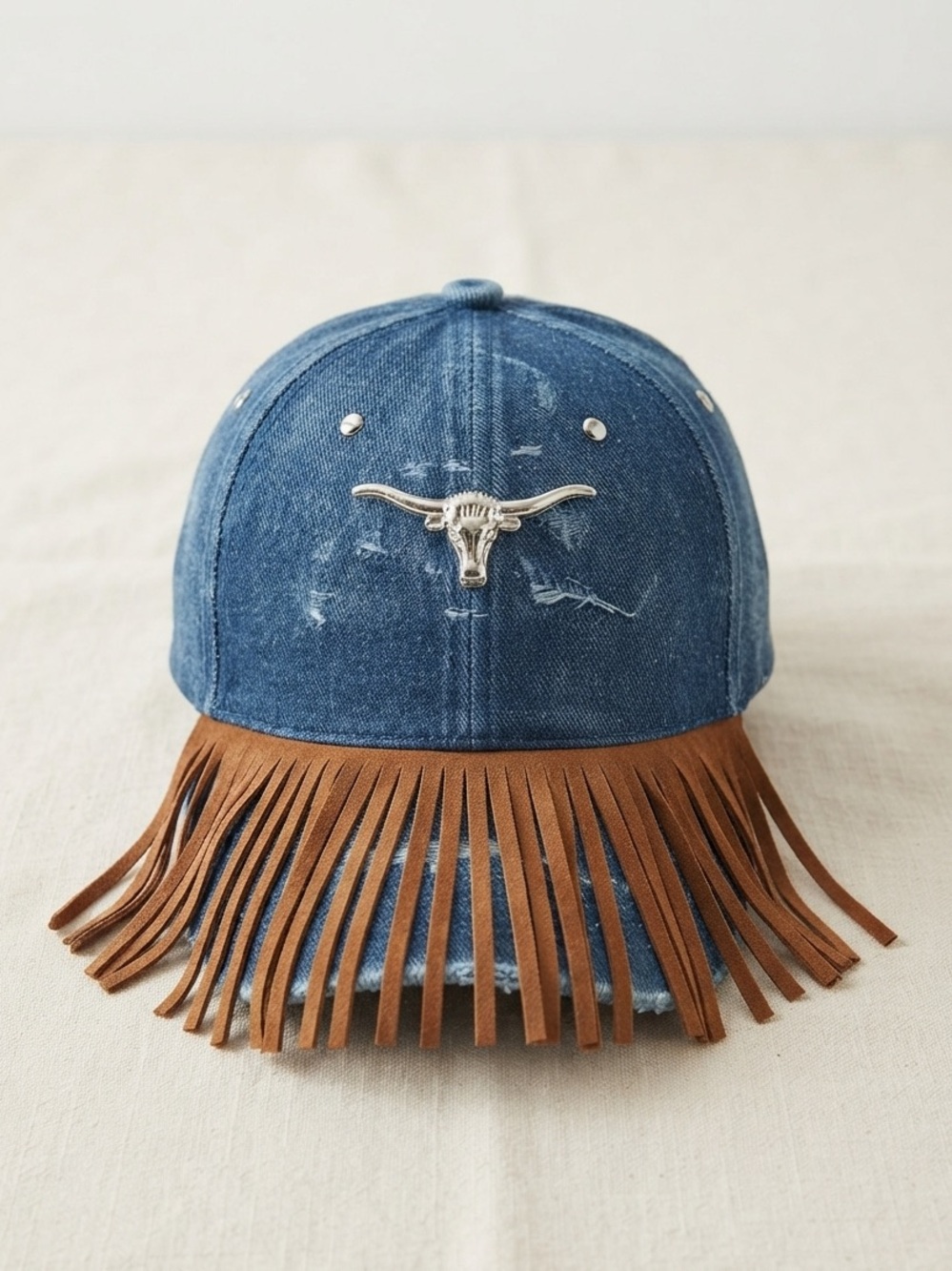 Custom Handcrafted Distressed Western Fringe Studded Denim Baseball Cap 🐂